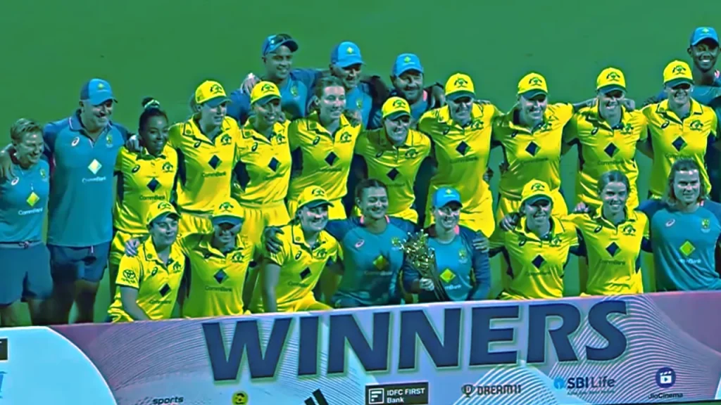 Trophy lifting moment as Australia Women national cricket team wins the T20I series against India Women 