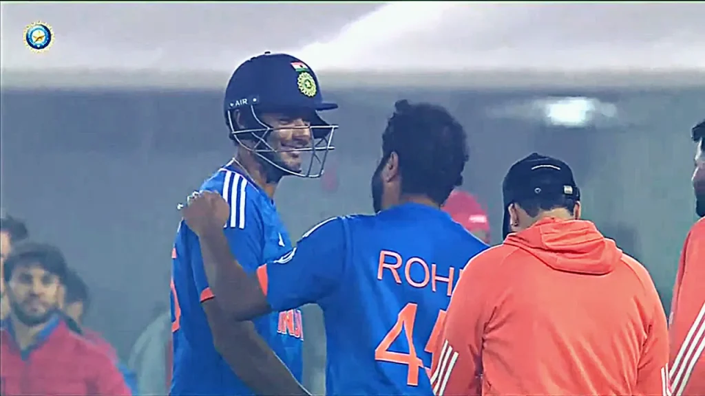 Rohit Sharma praising Shivam Dube during the winning moment against Afghanistan in the 1st T20I