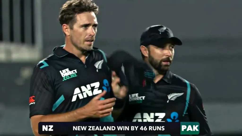 Winning moment as Tim Southee gets praised by his teammates for restricting Pakistan to 180 runs